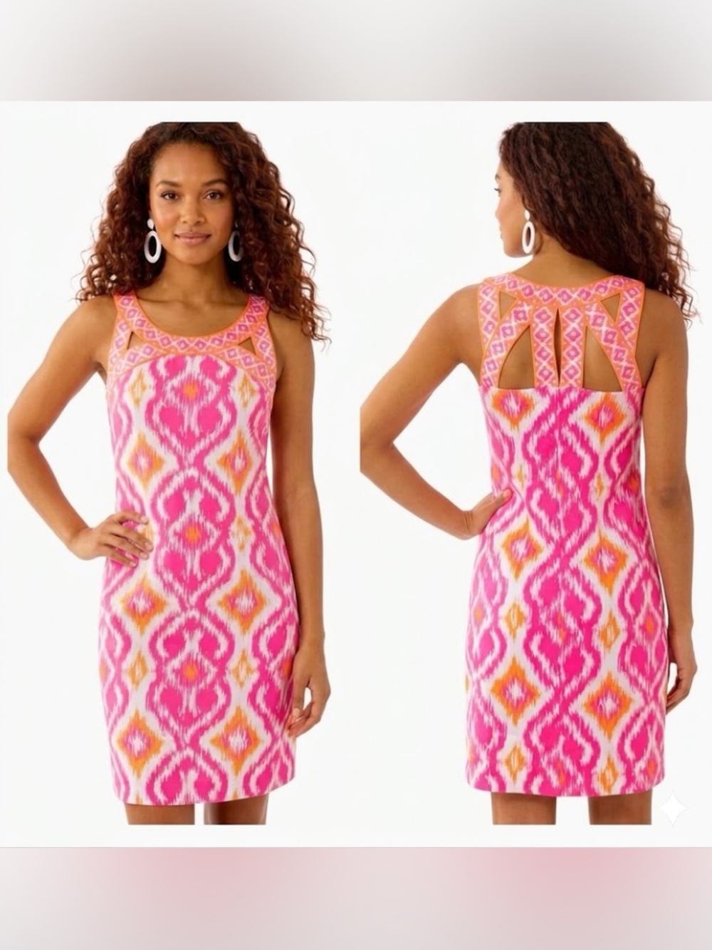 Gretchen Scott Ikat Shift Dress Cut Out Back Boho Chic Pink Orange Size Medium